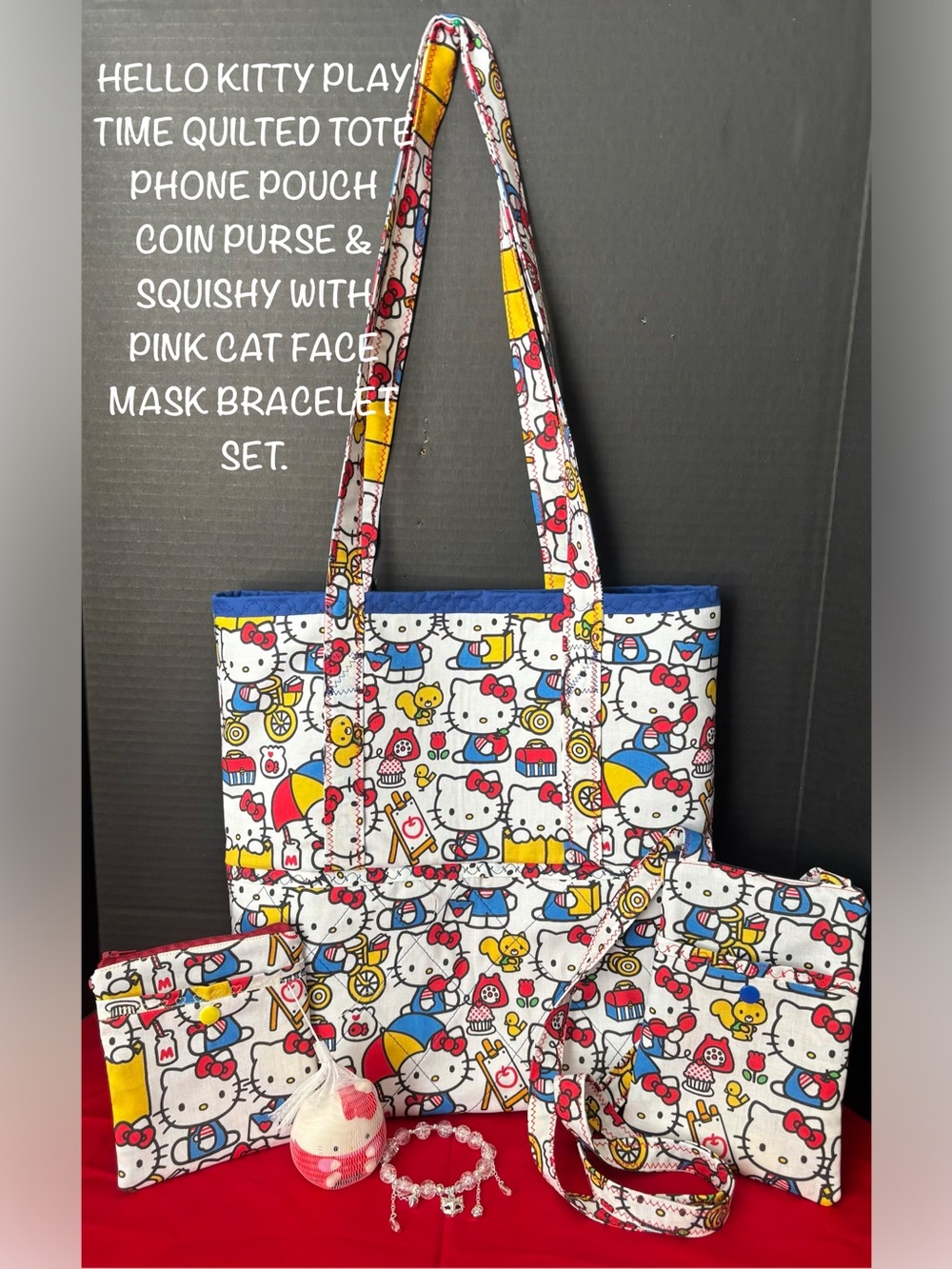 Hello Kitty Play Time Quilted Tote Bag Phone Pouch Coin Purse W/Cat Mask